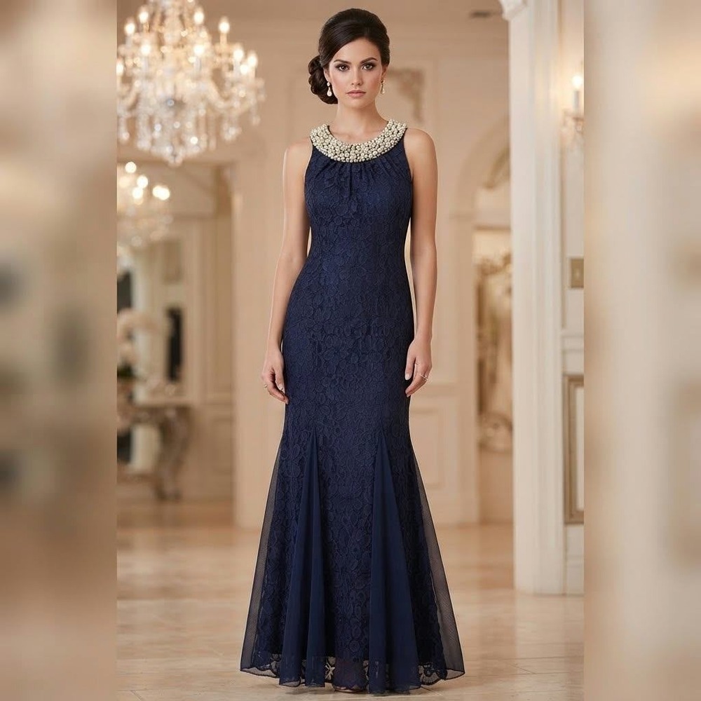 R&M Richards Size 10 Navy Lace Pearl Rhinestone Embellished Formal Maxi Gown